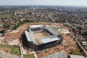Aerial view of the Arena Pantanal stadium in Cuiaba